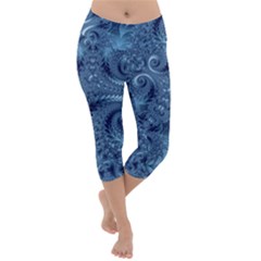 Blue Floral Fern Swirls And Spirals  Lightweight Velour Capri Yoga Leggings by SpinnyChairDesigns