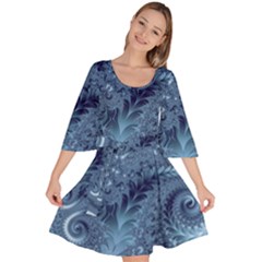 Blue Floral Fern Swirls And Spirals  Velour Kimono Dress by SpinnyChairDesigns