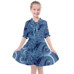 Blue Floral Fern Swirls And Spirals  Kids  All Frills Chiffon Dress by SpinnyChairDesigns