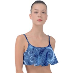 Blue Floral Fern Swirls And Spirals  Frill Bikini Top by SpinnyChairDesigns