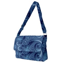 Blue Floral Fern Swirls And Spirals  Full Print Messenger Bag (l) by SpinnyChairDesigns