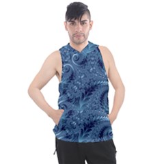 Blue Floral Fern Swirls And Spirals  Men s Sleeveless Hoodie by SpinnyChairDesigns