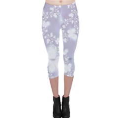 Pale Violet And White Floral Pattern Capri Leggings  by SpinnyChairDesigns