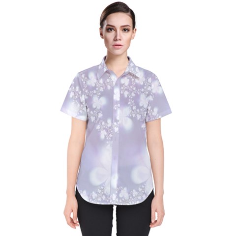 Pale Violet And White Floral Pattern Women s Short Sleeve Shirt by SpinnyChairDesigns