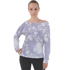 Pale Violet And White Floral Pattern Off Shoulder Long Sleeve Velour Top by SpinnyChairDesigns