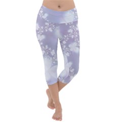 Pale Violet And White Floral Pattern Lightweight Velour Capri Yoga Leggings by SpinnyChairDesigns