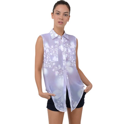 Pale Violet And White Floral Pattern Sleeveless Chiffon Button Shirt by SpinnyChairDesigns