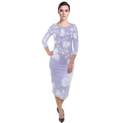 Pale Violet And White Floral Pattern Quarter Sleeve Midi Velour Bodycon Dress by SpinnyChairDesigns