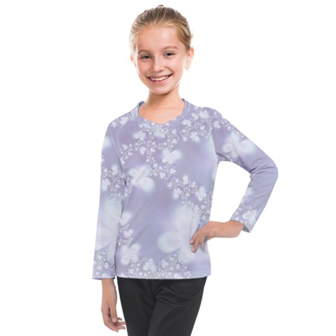 Pale Violet And White Floral Pattern Kids  Long Mesh Tee by SpinnyChairDesigns