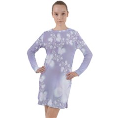 Pale Violet And White Floral Pattern Long Sleeve Hoodie Dress by SpinnyChairDesigns