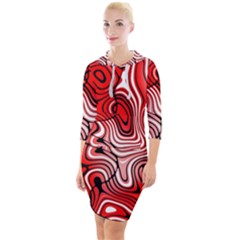 Black Red White Abstract Stripes Quarter Sleeve Hood Bodycon Dress by SpinnyChairDesigns