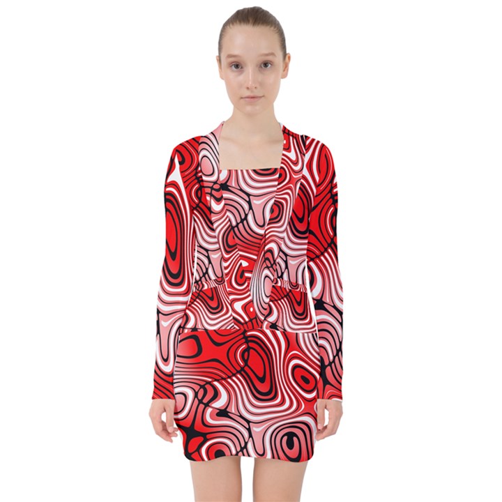 Black Red White Abstract Stripes V-neck Bodycon Long Sleeve Dress