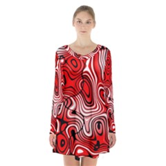 Black Red White Abstract Stripes Long Sleeve Velvet V-neck Dress by SpinnyChairDesigns