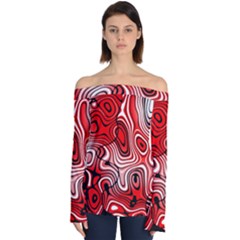 Black Red White Abstract Stripes Off Shoulder Long Sleeve Top by SpinnyChairDesigns