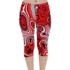 Black Red White Abstract Stripes Velvet Capri Leggings  by SpinnyChairDesigns