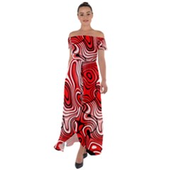 Black Red White Abstract Stripes Off Shoulder Open Front Chiffon Dress