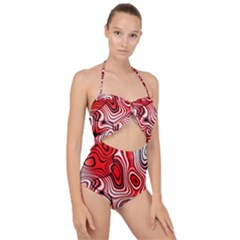 Black Red White Abstract Stripes Scallop Top Cut Out Swimsuit by SpinnyChairDesigns