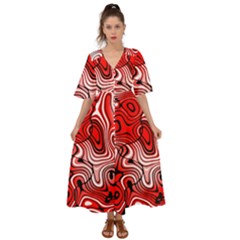 Black Red White Abstract Stripes Kimono Sleeve Boho Dress