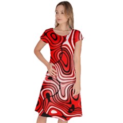 Black Red White Abstract Stripes Classic Short Sleeve Dress by SpinnyChairDesigns