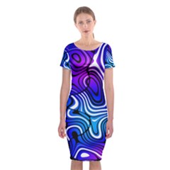 Blue Purple Abstract Stripes Classic Short Sleeve Midi Dress by SpinnyChairDesigns