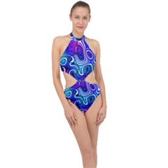 Blue Purple Abstract Stripes Halter Side Cut Swimsuit by SpinnyChairDesigns