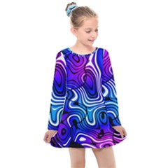 Blue Purple Abstract Stripes Kids  Long Sleeve Dress by SpinnyChairDesigns