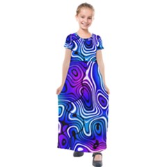 Blue Purple Abstract Stripes Kids  Short Sleeve Maxi Dress by SpinnyChairDesigns