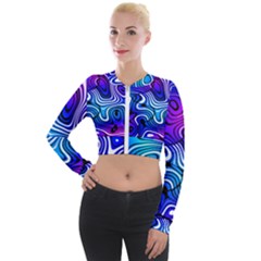 Blue Purple Abstract Stripes Long Sleeve Cropped Velvet Jacket by SpinnyChairDesigns