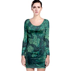 Dark Green Marbled Texture Long Sleeve Bodycon Dress by SpinnyChairDesigns