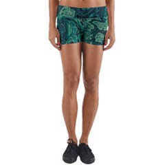 Dark Green Marbled Texture Yoga Shorts by SpinnyChairDesigns