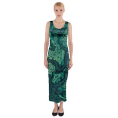 Dark Green Marbled Texture Fitted Maxi Dress by SpinnyChairDesigns