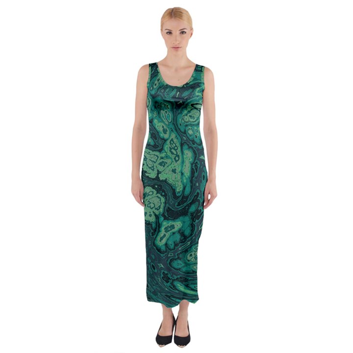 Dark Green Marbled Texture Fitted Maxi Dress