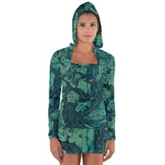 Dark Green Marbled Texture Long Sleeve Hooded T-shirt by SpinnyChairDesigns