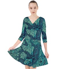 Dark Green Marbled Texture Quarter Sleeve Front Wrap Dress by SpinnyChairDesigns