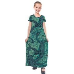 Dark Green Marbled Texture Kids  Short Sleeve Maxi Dress by SpinnyChairDesigns