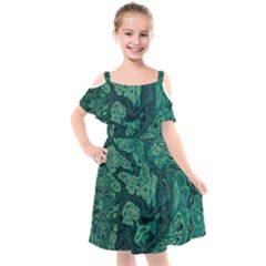 Dark Green Marbled Texture Kids  Cut Out Shoulders Chiffon Dress by SpinnyChairDesigns