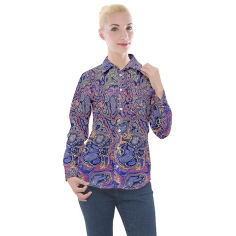 Colorful Marbled Paint Texture Women s Long Sleeve Pocket Shirt by SpinnyChairDesigns