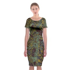 Dark Brown Gold Abstract Marble Texture Classic Short Sleeve Midi Dress by SpinnyChairDesigns