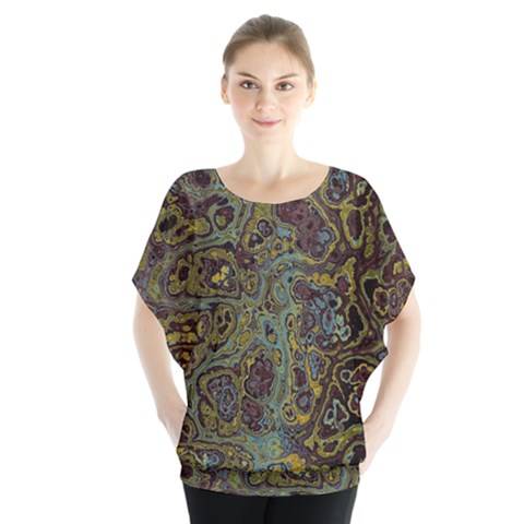 Dark Brown Gold Abstract Marble Texture Batwing Chiffon Blouse by SpinnyChairDesigns