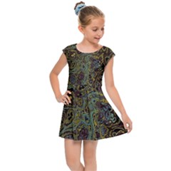 Dark Brown Gold Abstract Marble Texture Kids  Cap Sleeve Dress by SpinnyChairDesigns