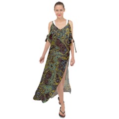 Dark Brown Gold Abstract Marble Texture Maxi Chiffon Cover Up Dress by SpinnyChairDesigns