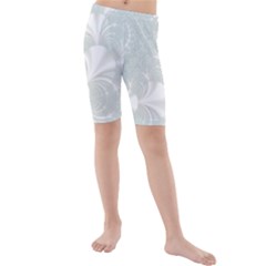 Mint Cream And White Intricate Swirl Spiral Kids  Mid Length Swim Shorts by SpinnyChairDesigns