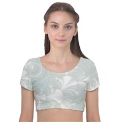 Mint Cream And White Intricate Swirl Spiral Velvet Short Sleeve Crop Top  by SpinnyChairDesigns