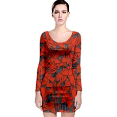 Red Grey Abstract Grunge Pattern Long Sleeve Bodycon Dress by SpinnyChairDesigns