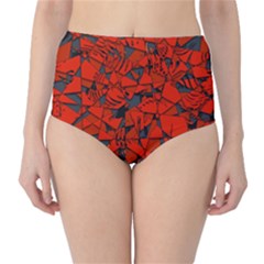 Red Grey Abstract Grunge Pattern Classic High-waist Bikini Bottoms by SpinnyChairDesigns