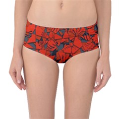 Red Grey Abstract Grunge Pattern Mid-waist Bikini Bottoms by SpinnyChairDesigns