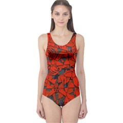 Red Grey Abstract Grunge Pattern One Piece Swimsuit by SpinnyChairDesigns