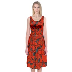 Red Grey Abstract Grunge Pattern Midi Sleeveless Dress by SpinnyChairDesigns