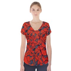 Red Grey Abstract Grunge Pattern Short Sleeve Front Detail Top by SpinnyChairDesigns