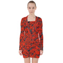 Red Grey Abstract Grunge Pattern V-neck Bodycon Long Sleeve Dress by SpinnyChairDesigns